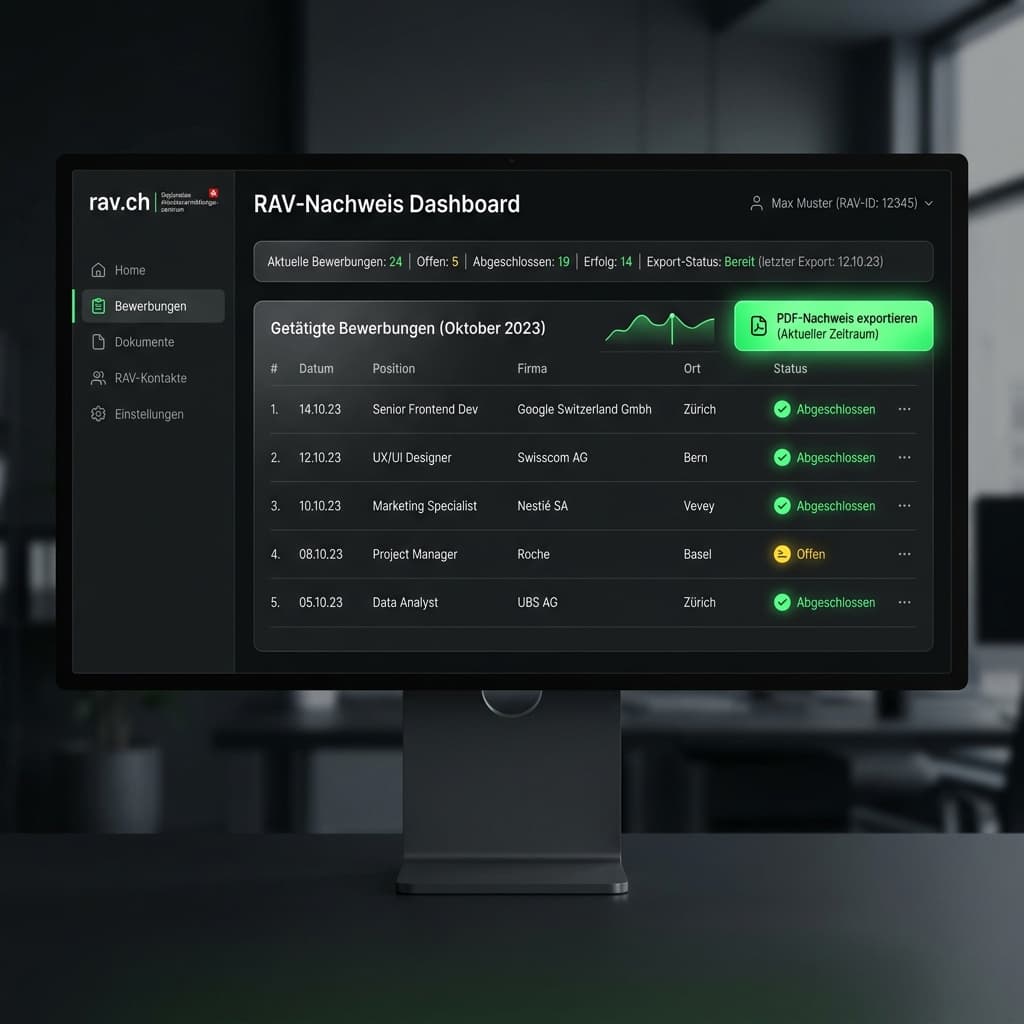 Modernes Interface des PARAT RAV Bewerbungsnachweises für die Schweiz