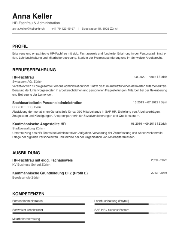 PARAT CV Klassisch Template — Professioneller Schweizer Lebenslauf für HR-Fachfrau Anna Keller, zeitloses Layout für den CH-Arbeitsmarkt