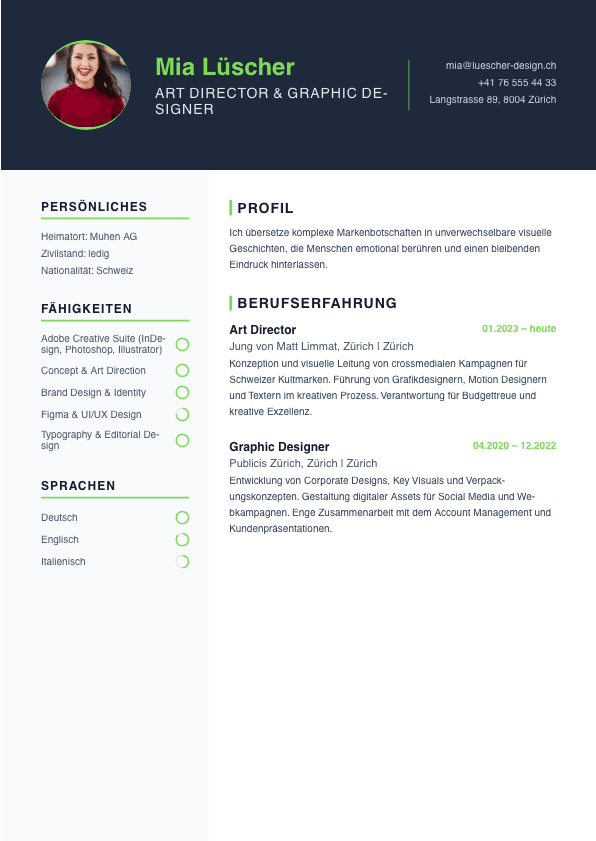 PARAT CV Kreativ Template — Kreativer Schweizer Lebenslauf für Art Director Mia Lüscher, Petrol-Header für Kreativberufe
