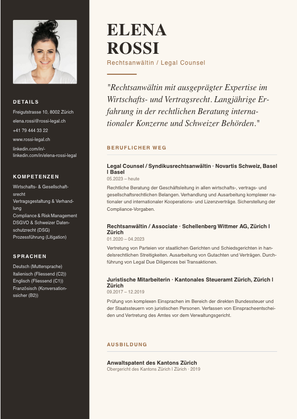 PARAT CV Editorial V2 Template — Warmes Beige mit edlen Serifenschriften für Rechtsanwältin Elena Rossi