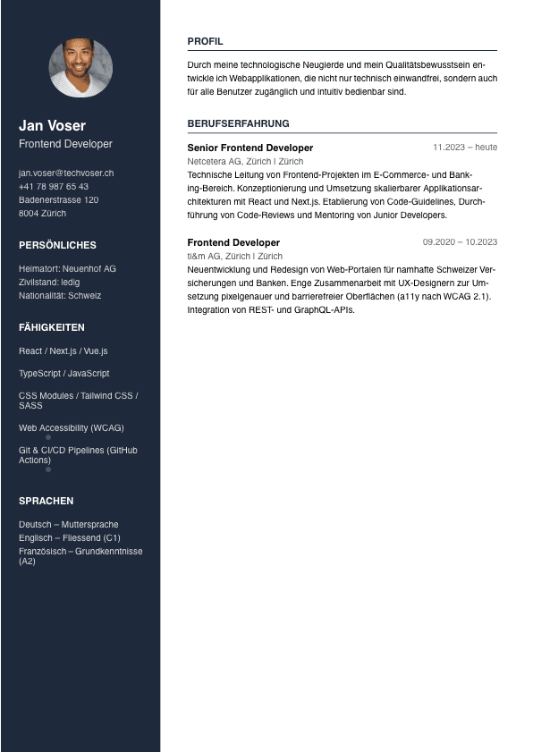 PARAT CV Modern Template — Moderner Schweizer Lebenslauf für Frontend Developer Jan Voser, grünes KI-optimiertes Design für den Tech-Sektor