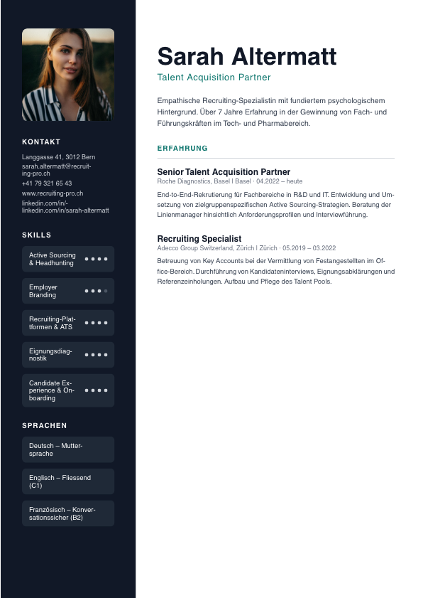 PARAT CV Modern Two-Column V2 Template — Elegantes zweispaltiges Design mit Teal-Akzenten für Talent Acquisition Partner Sarah Altermatt