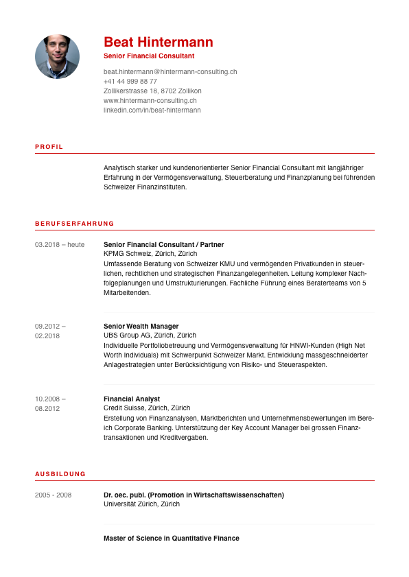 PARAT CV Swiss Style Template — Minimalistischer Lebenslauf für Financial Consultant Beat Hintermann, Schweizer Raster-Prinzip für Finance & Consulting