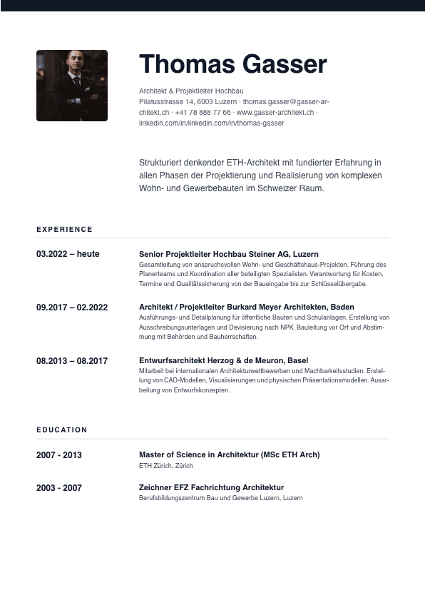 PARAT CV Swiss Grid V2 Template — Radikal minimalistisches Raster-Design für Architekt Thomas Gasser, nach Schweizer Gestaltungsprinzipien