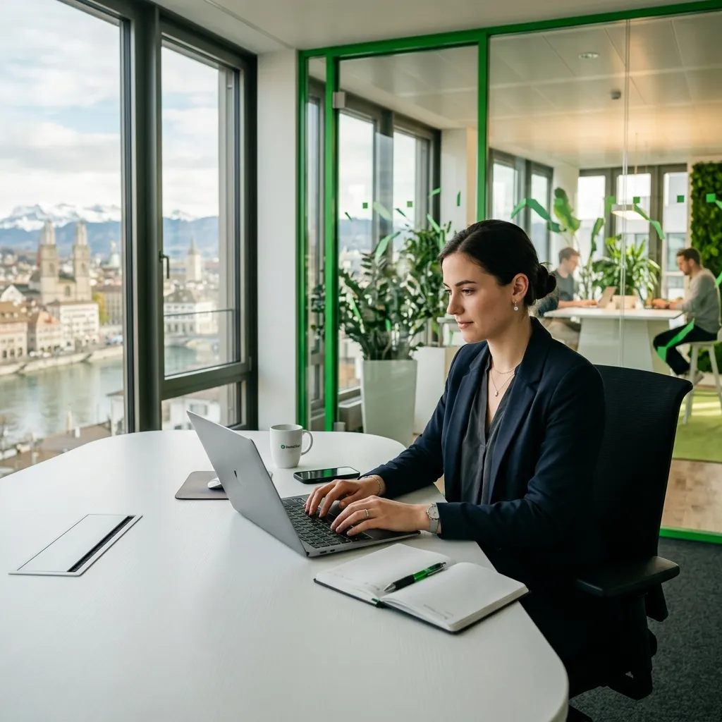 Junge Fachkraft sitzt an einem weissen Bürotisch mit Laptop in einem hellen Schweizer Büro mit Aussicht und schreibt ein Follow-up Email.