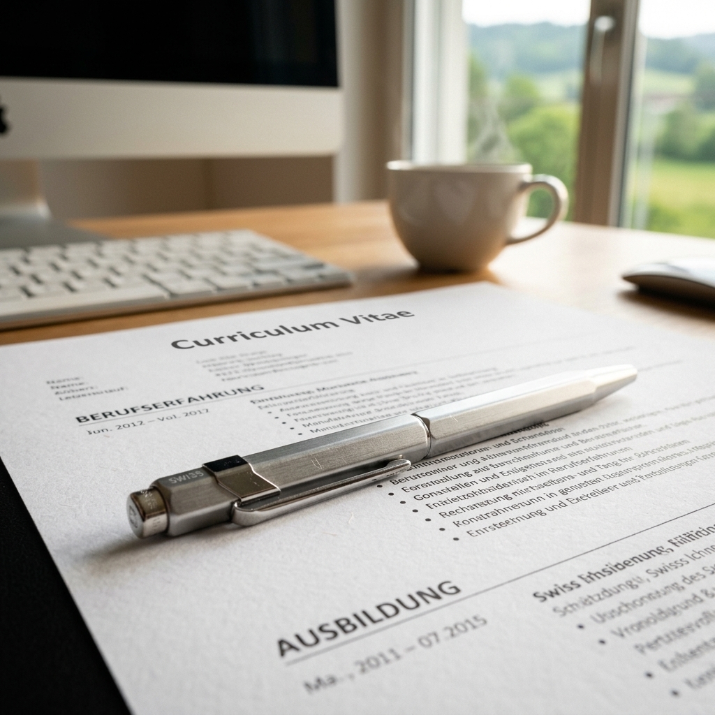Kaffeetasse, Stift und Papier auf einem Tisch – Sinnbild für authentische Bewerbungsarbeit mit KI-Unterstützung
