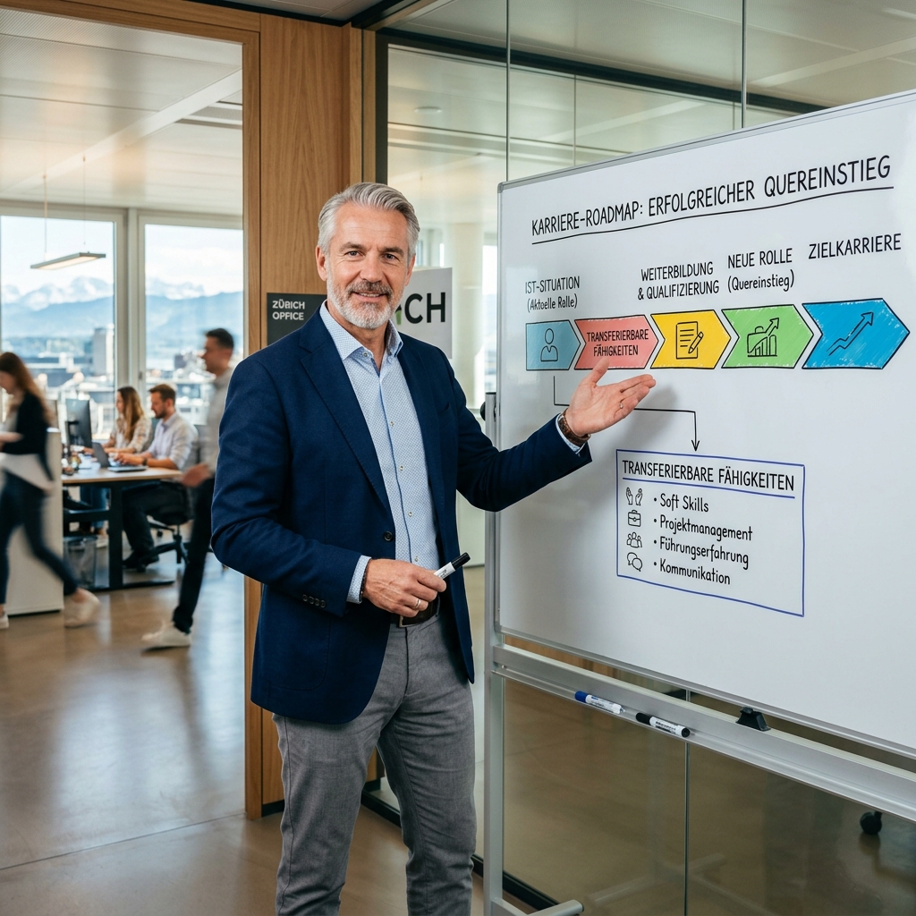 Ein Experte vor einem Whiteboard mit Karriere-Roadmap und Transferierbaren Fähigkeiten