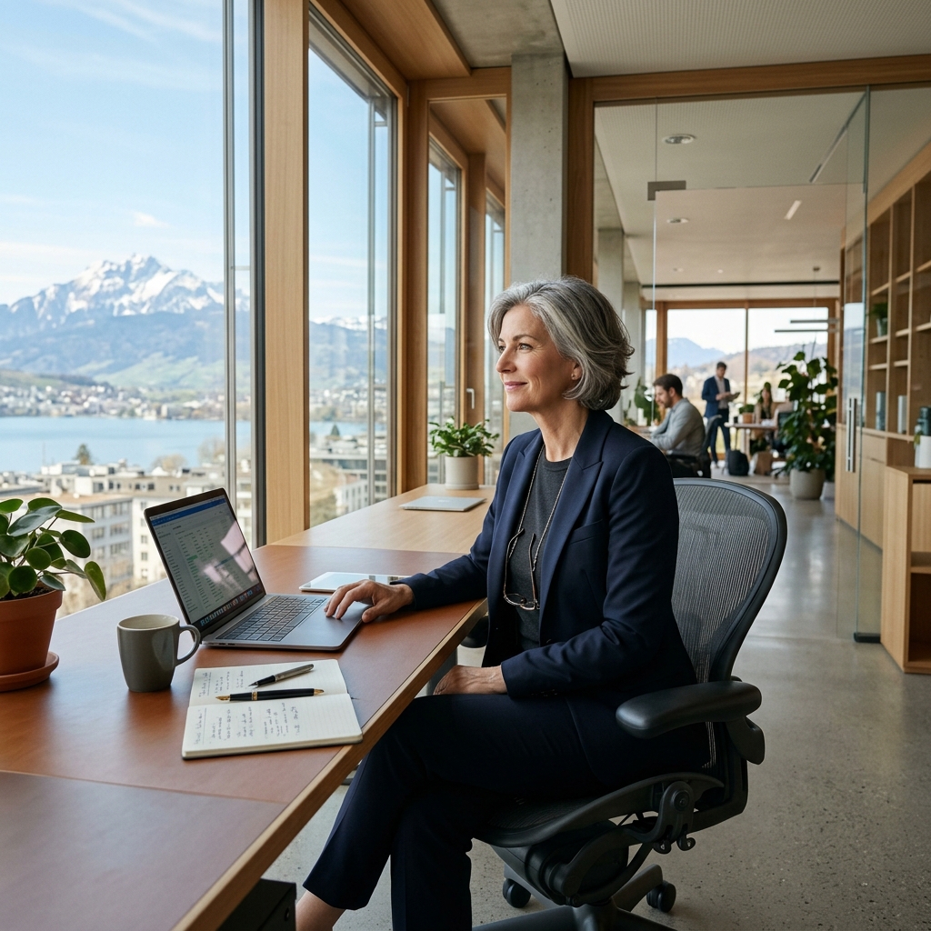 Eine selbstbewusste, über 50-jährige Person in einem modernen, hellen Büro mit Blick auf die Schweizer Alpen, bereit für einen beruflichen Neustart.