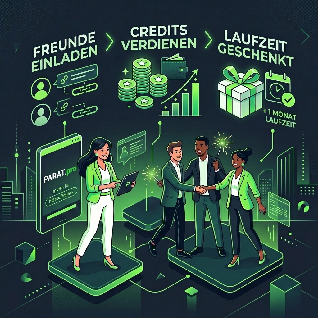 Grafische Übersicht des PARAT.pro Referral-Systems: Freunde einladen und gemeinsam Taggelder und Laufzeiten sichern.